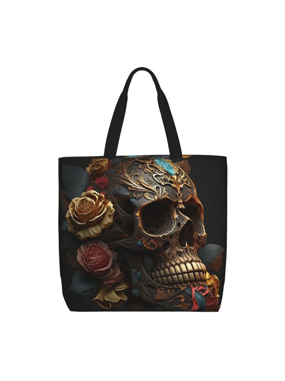 Skull Evil Mexican Sugar Roses Zippered Tote Bag Large Capacity Shoulder Handbag for Shopping, Work, Travel