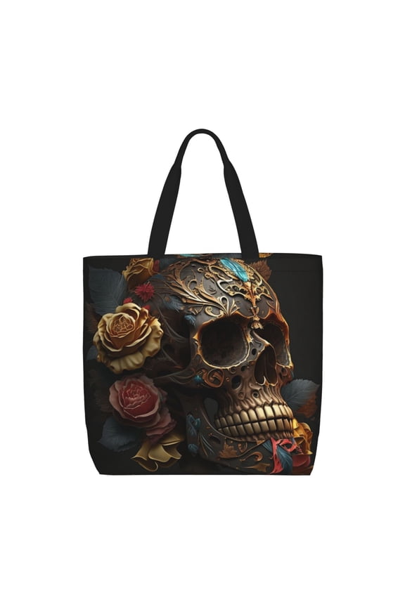 Skull Evil Mexican Sugar Roses Zippered Tote Bag Large Capacity Shoulder Handbag for Shopping, Work, Travel