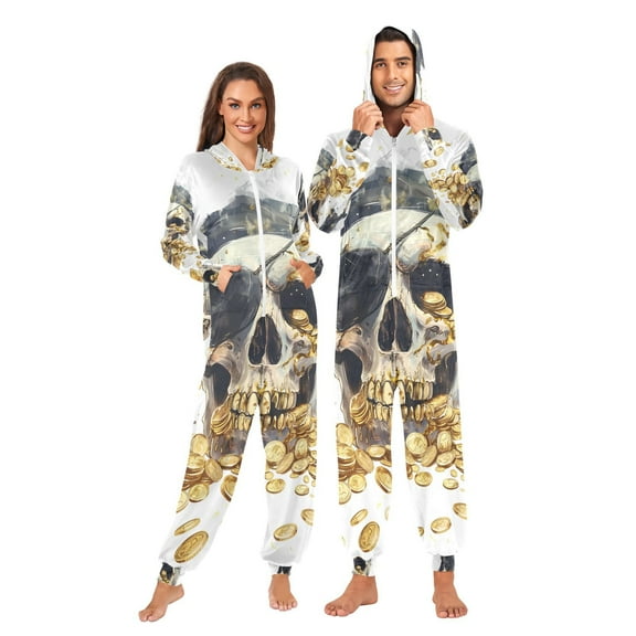 Skull Eye Patch Gold Coins Adult Onesie Pajamas Slim Fit Christmas One Piece Suit Pjs for Women and Men Hooded Zipper