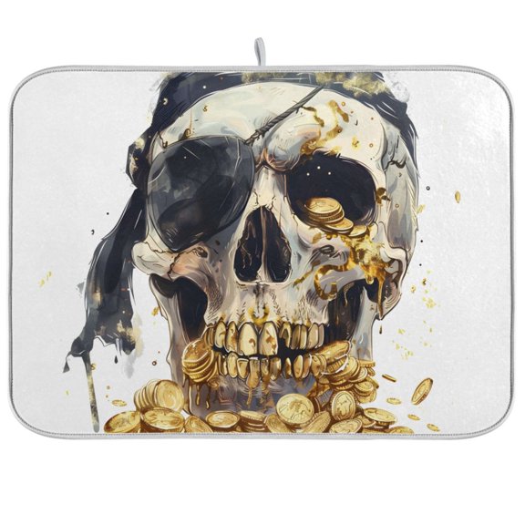 Skull Eye Patch Gold Coins Dish Drying Mat Dish Drainer Rack Mats Water Absorbent Non-Slip Easy Clean Heat Resistant for Kitchen Counter