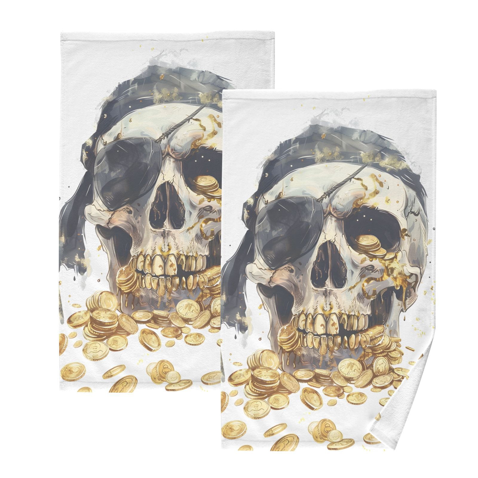 Skull Eye Patch Gold Coins Hand Towels Cotton Bath Towels Large Face Towels Absorbent for Bathroom 2 Packs