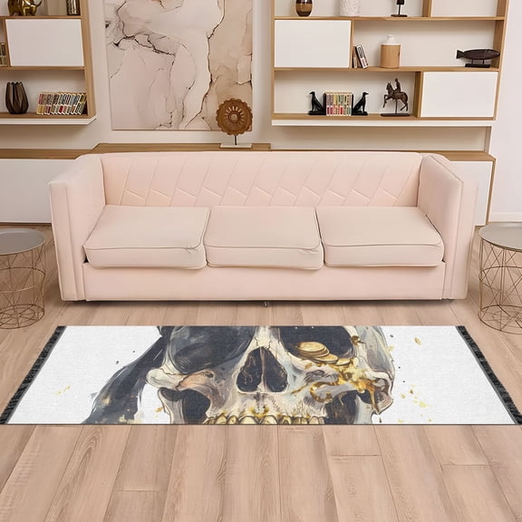 Skull Eye Patch Gold Coins Runner Rug Non-Slip Area Rugs Linen Washable Non Shedding for Kitchen Bedroom Carpet