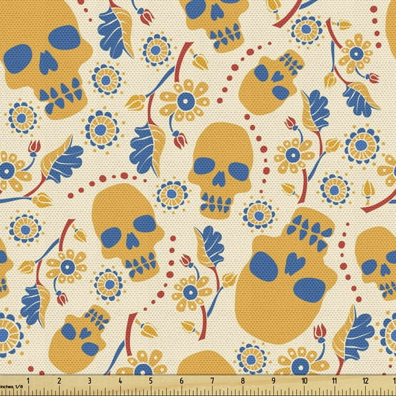 Ambesonne Skull Fabric by the Yard Upholstery, Colorful Floral Gothic Item, 1 Yard, Earth Yellow Sea Blue