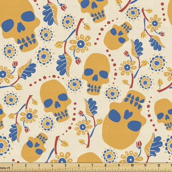 Ambesonne Skull Fabric by the Yard Upholstery, Colorful Floral Gothic Item, 2 Yards, Earth Yellow Sea Blue