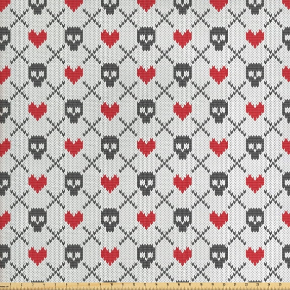 Ambesonne Geometric Fabric by the Yard Upholstery, Skulls Red Hearts, 2 Yards, Grey Red Coconut