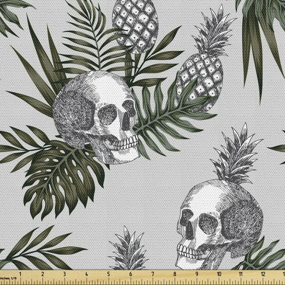Ambesonne Skull Fabric by the Yard Upholstery, Gothic Item on Tropic Leaves, 1 Yard, Green Brown Sage Green