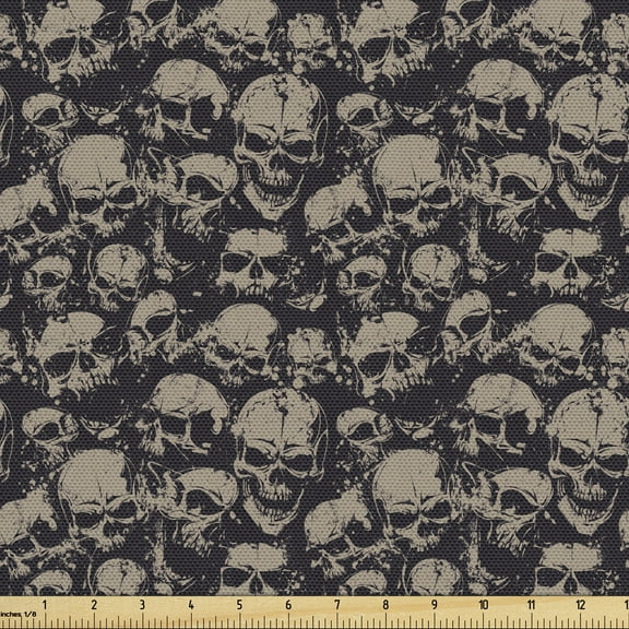 Ambesonne Skull Fabric by the Yard Upholstery, Grunge Scary Evil, 5 Yards, Charcoal Grey Tan