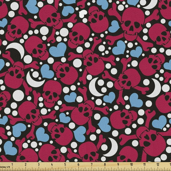 Ambesonne Skull Fabric by the Yard Upholstery, Crosses Hearts Moons, 2 Yards, Multicolor