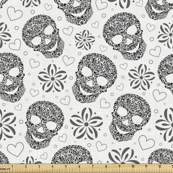 Ambesonne Black and White Fabric by the Yard Upholstery, Abstract Skulls, 1 Yard, White and Black