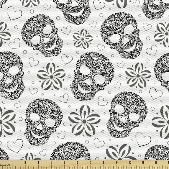 Ambesonne Black and White Fabric by the Yard Upholstery, Abstract Skulls, 1 Yard, White and Black