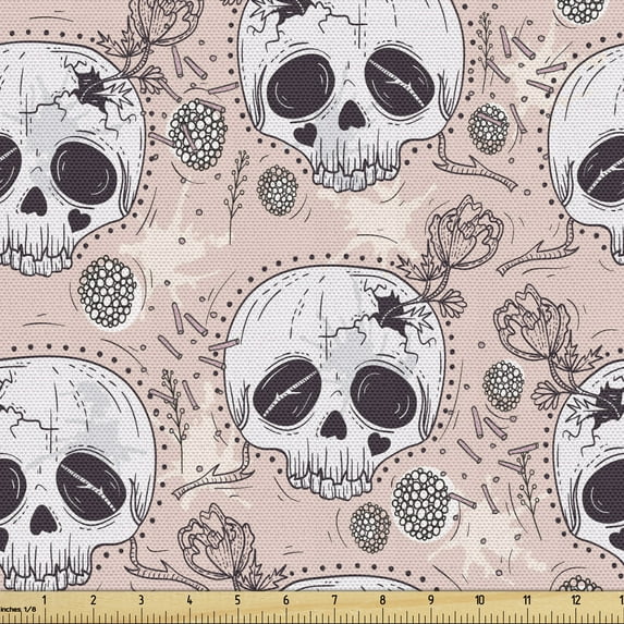 Ambesonne Skull Fabric by the Yard Upholstery, Day of the Dead Theme, 3 Yards, White Blush Black