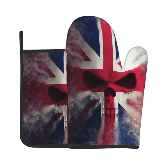Skull Face Union Jack Uk Flag 2Pcs Oven Mitts and Pot Holders Set Kitchen Glove & Trivet Hot Pads for Cooking Baking BBQ Grilling