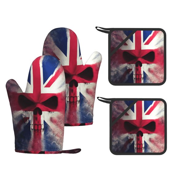Skull Face Union Jack Uk Flag 4-Piece Silicone Oven Gloves and Pot Holders Set Hot Pads for Kitchen Cooking BBQ Baking Chefs Cooks
