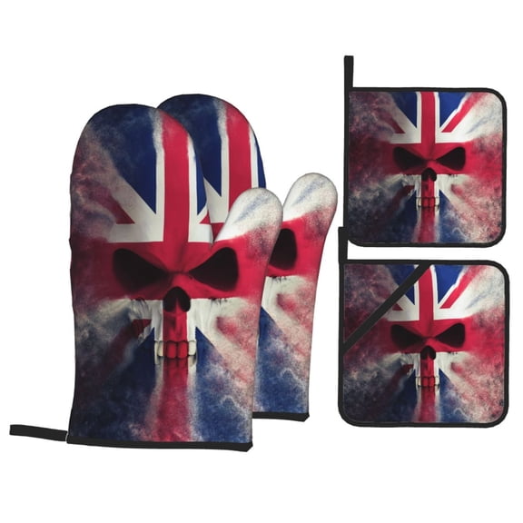 Skull Face Union Jack Uk Flag 4Pcs Oven Mitts and Pot Holders Sets Oven Kitchen Gloves Hot Pads for Cooking BBQ Baking Grilling