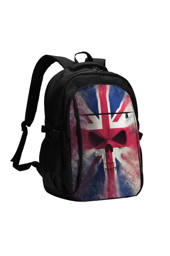 Skull Face Union Jack Uk Flag Laptop Backpack with USB Charging Headphone Port Casual Daypack Bag College Business Travel