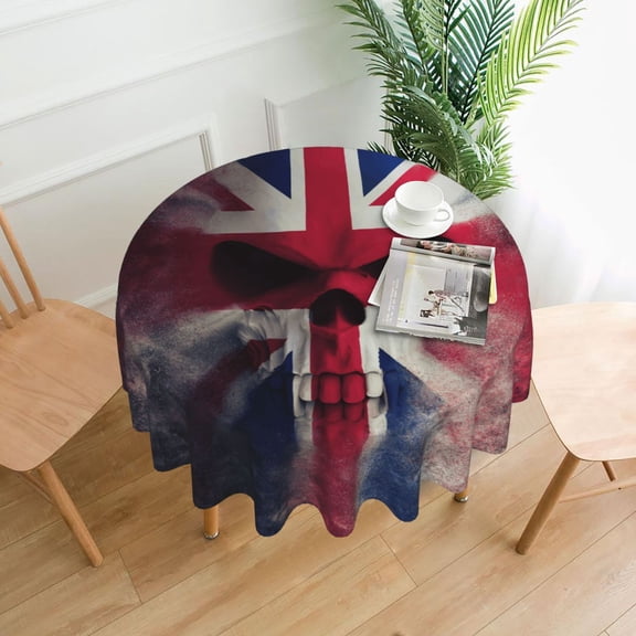 Skull Face Union Jack Uk Flag Tablecloths Round 60 inch Fabric Table Cloth Cover for Dining Kitchen Wedding Party
