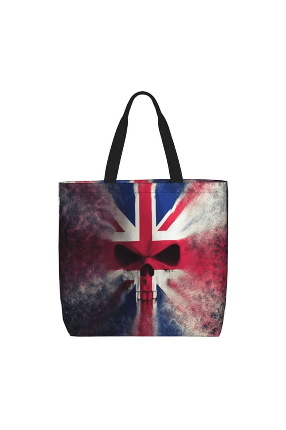 Skull Face Union Jack Uk Flag Zippered Tote Bag Large Capacity Shoulder Handbag for Shopping, Work, Travel