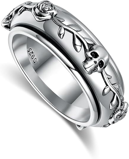 Skull Fidget Spinner Ring 925 Sterling Silver Anxiety Ring for Women Gothic Jewelry Gift for Men(Size 8)