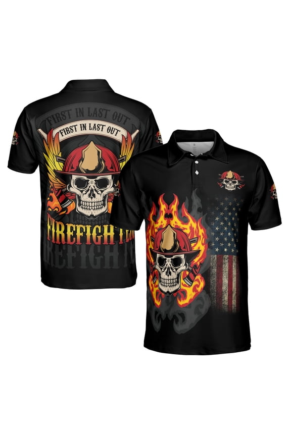 Skull Firefighter First In Last Out Grunge Men's Polo Shirt S-5XL