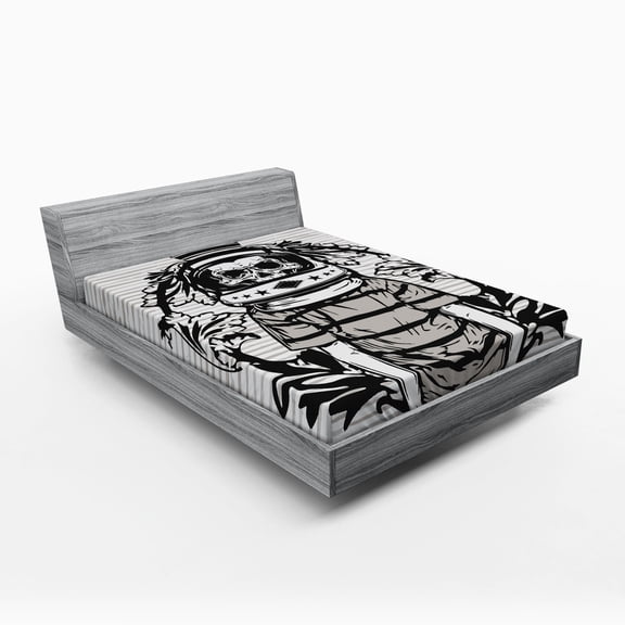 Ambesonne Skull Fitted Sheet, Skull Astronaut Man, Queen Size, Black and White