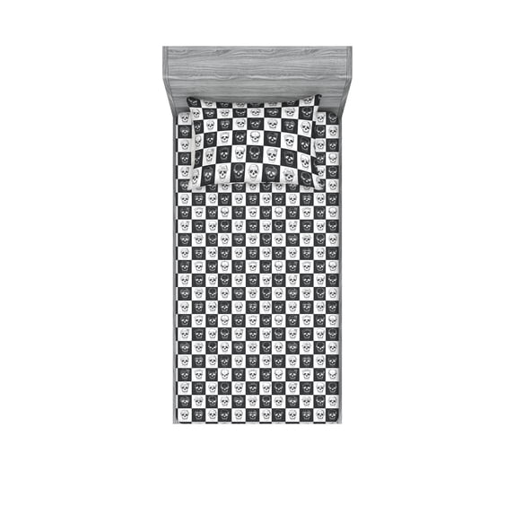Skull Fitted Sheet & Pillow Sham Set, Checkered Squares of Gothic Rebel Hipster Skeleton Heads Monochrome, Decorative Printed 2 Piece Bedding Decor, Twinxl, Dark Blue Grey and White, by Ambesonne