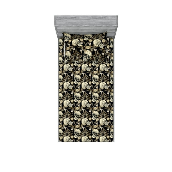 Skull Fitted Sheet & Pillow Sham Set, Old School American Style Skeleton Head and Floral Sketch on Dark Print Art, Decorative Printed 2 Piece Bedding Decor, Twinxl, Charcoal Grey Cream, by Ambesonne