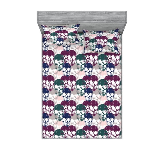 Skull Fitted Sheet & Pillow Sham Set, Repetitive Shadows of Skeleton Heads with Dark Blue Gothic Themed Modern, Decorative Printed 3 Piece Bedding Decor, Full, Hunter Green Plum Rose, by Ambesonne