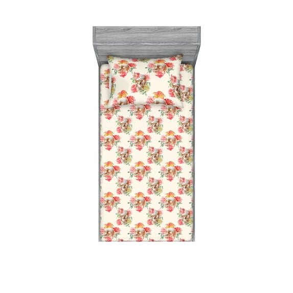 Skull Fitted Sheet & Pillow Sham Set, Roses of Dead Romantic Blossoms Skeleton Head Floral Art in Watercolor, Decorative Printed 2 Piece Bedding Decor, Twinxl, Ivory Coral Pale Brown, by Ambesonne