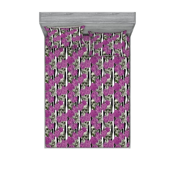 Skull Fitted Sheet & Pillow Sham Set, Sepia Colored Skeleton Heads and Roses with Monochrome Striped Backdrop, Decorative Printed 3 Piece Bedding Decor, Full, Fuchsia Purple and Black, by Ambesonne