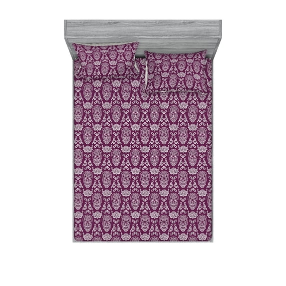 Skull Fitted Sheet & Pillow Sham Set, Skeleton Heads with Floral Boho Folk Repeated Pattern of Art in Gothic Theme, Decorative Printed 3 Piece Bedding Decor, Queen, Purple and White, by Ambesonne