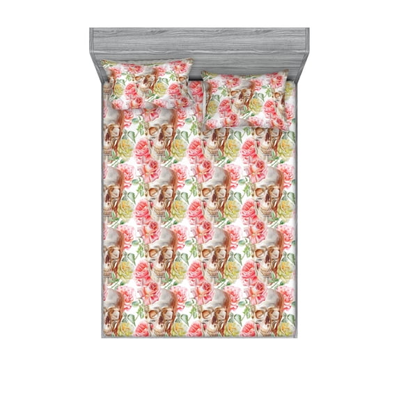Skull Fitted Sheet & Pillow Sham Set, Smiling Skeleton Head with the Roses Dead Lovers Symbolism Artwork, Decorative Printed 3 Piece Bedding Decor, Full, Grey Yellow Ecru and Coral, by Ambesonne