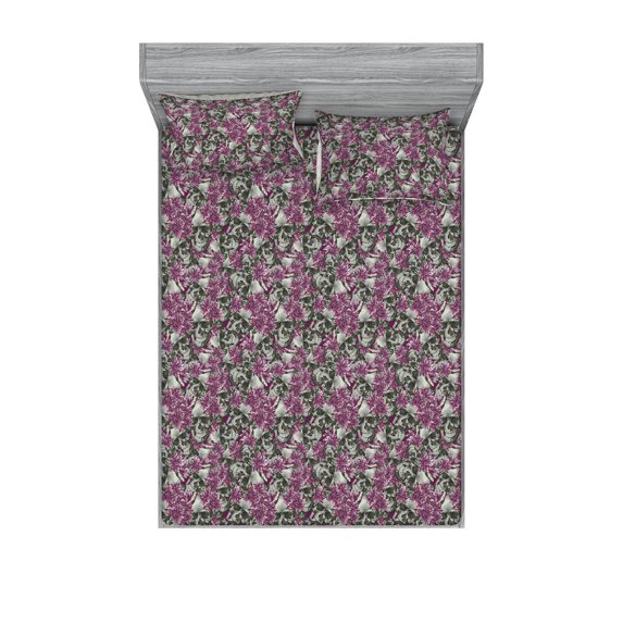 Skull Fitted Sheet & Pillow Sham Set, Smiling Skeletons with Flowers Exotic Gerbera Gothic Repeated Pattern, Decorative Printed 3 Piece Bedding Decor, Full, Purple Dark Sepia and Grey, by Ambesonne