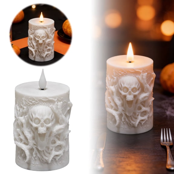 Skull Flameless Candle, Gothic Battery Operated Moving Flame Real Wax Pillar, Halloween Skull Flameless LED Candle, Gothic Flame Battery Operated Real Wax Candle, Spooky Haunted House Decoration