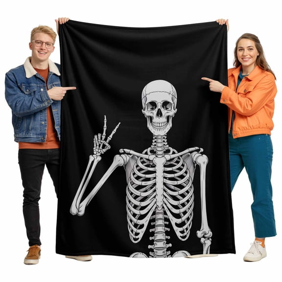 Skull Flannel Blanket for Bed,Travel and Camping, Abstract Funny Black Skeleton Boho Hippie Gesture Black Background Super Soft Cozy Blanket for All Seasons 60"x80"