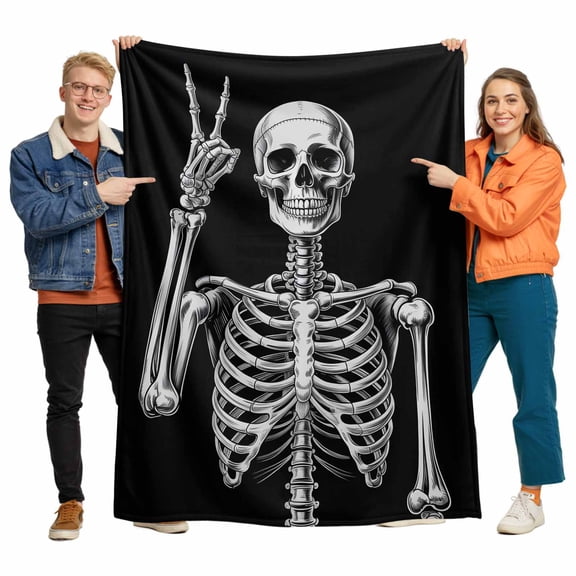 Skull Flannel Blanket for Bed,Travel and Camping, Vintage Abstract Rock and Roll Skeleton Hand Peace Gesture Super Soft Cozy Blanket for All Seasons 32"x48"