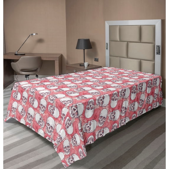 Ambesonne Skull Flat Bedding Sheet Soft Top Sheet, Skeleton Heads Meadow Pattern, Twin XL, Coral and Dark Blue Grey