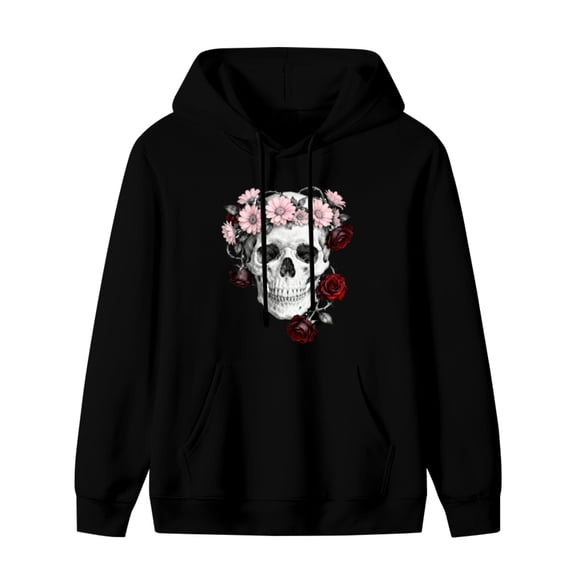 Skull Floal Print Mens Women's Loose Hoodie Sweatshirt Men's Long Sleeve Kangaroo Pocket Drop Shoulder Pullovers Top Oversized Casual Comfy Fall Fashion Outfits Clothes