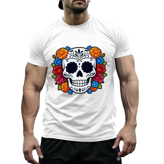Skull Floals Print Men's & Big Men's Cotton Crewneck T-Shirt Novelty Holiday Short Sleeves, Size XS-5XL
