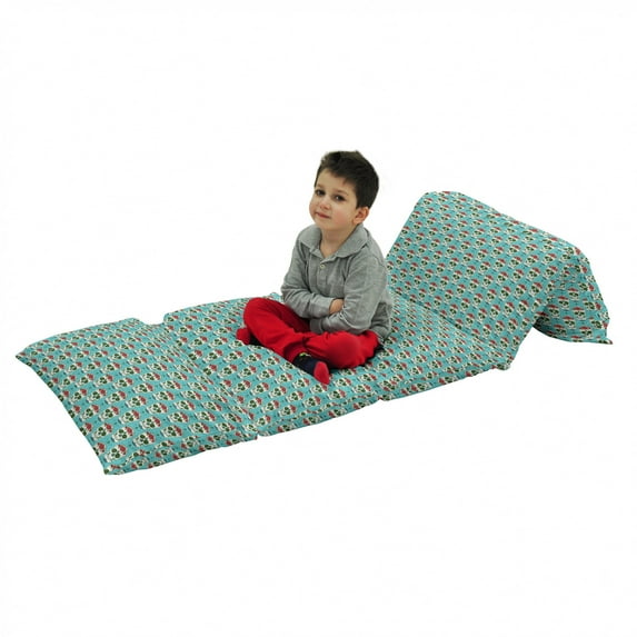 Skull Floor Pillow Lounger Cover, Oriental and Roses on Skull South American Culture Vintage Style, Nap Mat Printed Fabric Case for 5 Pillows, 88" x 27", Seafoam Green and Ruby, by Ambesonne