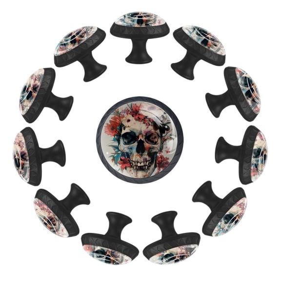 Skull Floral 35MM Round Glass Cabinet Knobs, Kitchen Knobs for Drawer Dresser Cupboard Wardrobe Modern Pulls Handles Hardware, Set of 12