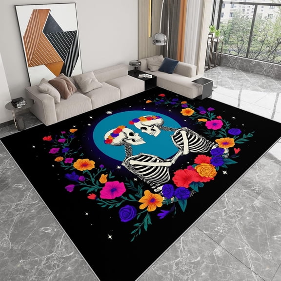 Skull Floral Area Rugs, Skull Flowers Moon Carpet, Washable Non Slip Low Pile Soft Rug for Living Room Bedroom Bathroom Decor Mat 5x8ft