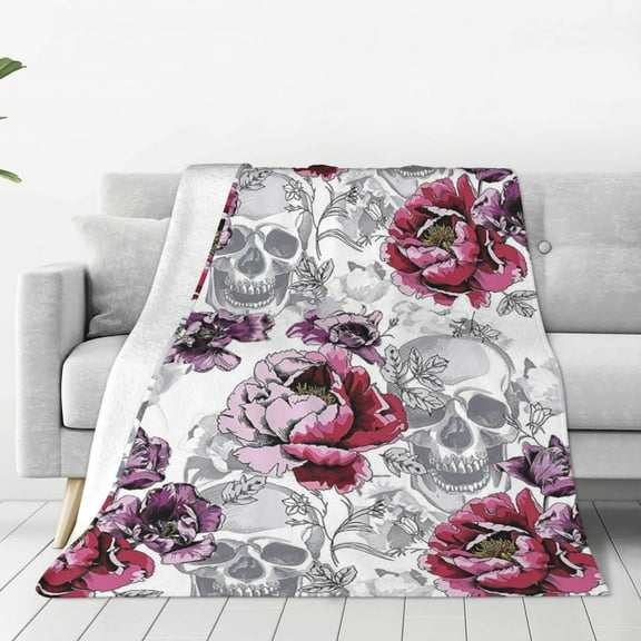Skull Flower Blanket Floral Skull Print Throw Blanket Super Soft Warm for Bed Sofa Gift for Halloween 50"x40"
