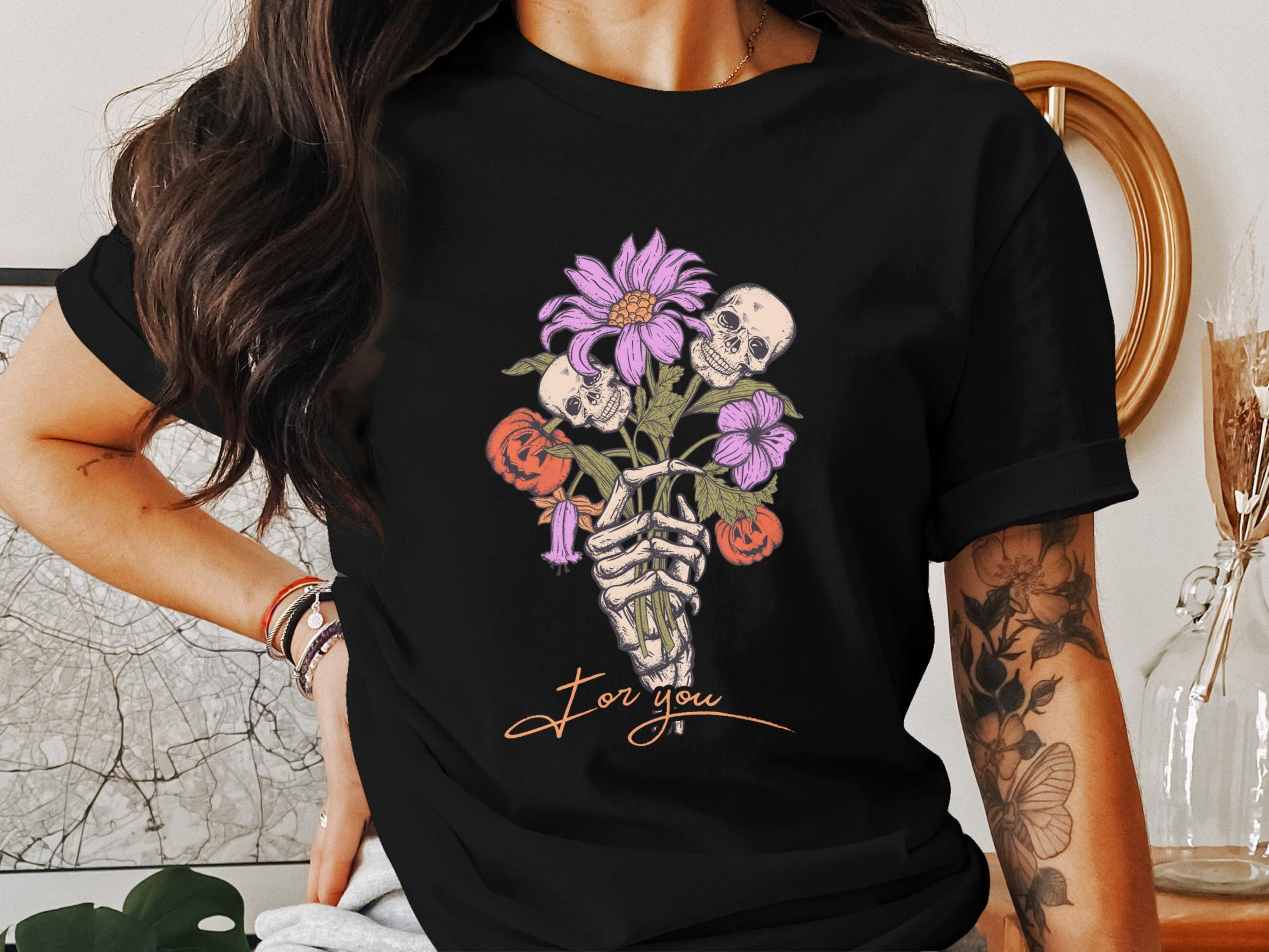 Skull Flower Bouquet Halloween T Shirt, Skeleton Hand Tee, Spooky