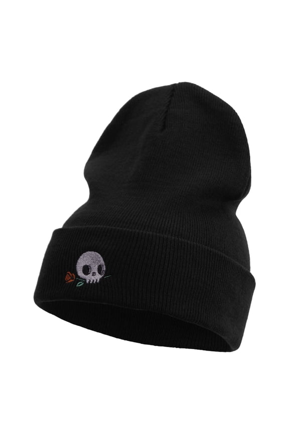 Skull Flower Embroidered 12 Inch Long Knitted Beanie - Black OSFM