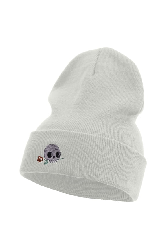 Skull Flower Embroidered 12 Inch Long Knitted Beanie - White OSFM
