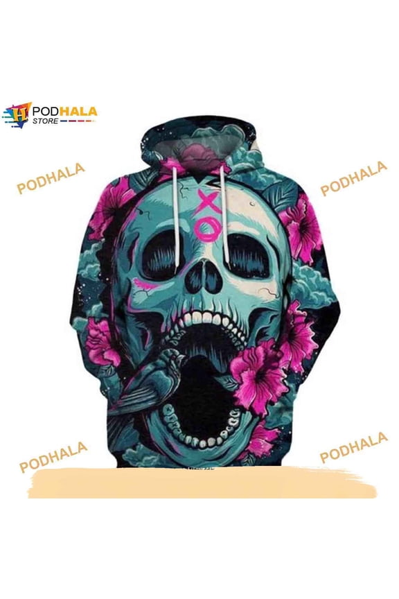Skull Flower Full Over Printing Halloween 3D Hoodie, Halloween Gifts For Kids