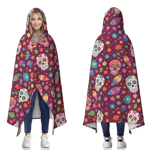 Skull and Flower Gothic Pattern Double Layer Hooded Blanket, Lounge Sherpa Wrap with Hood & Reversible Design, Anti-Pill Anti-Static Gifts for Home Camping Travel Theater,50"x60"