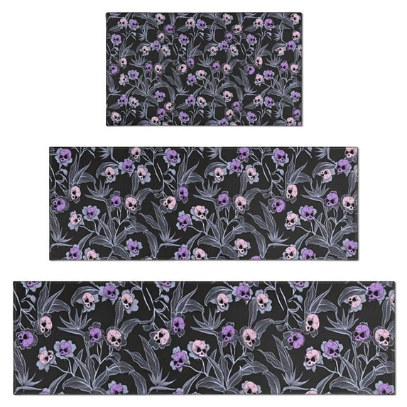 Skull Flower Halloween Pattern Kitchen Rugs Sets Of 3,Kitchen Runner Rugs Non Skid Washable,Decorative Kitchen Floor Mats for Kitchen,Sink,Laundry,17"x30"+ 17"x47" + 17"x59"