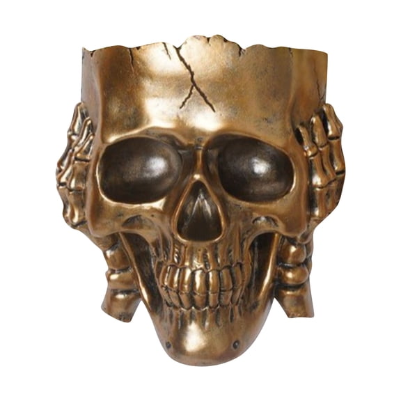 Skull Flower Pot, Golden Resin, 1 Piece, Halloween Gothic Spooky Decorative Planter for Indoor Outdoor Home Party Holiday Haunted House Decoration