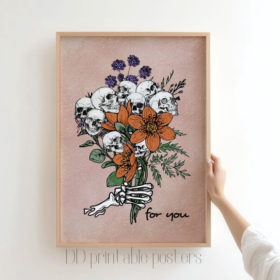 Skull Flower Valentine'S Day Print, Retro Romantic Wall Art, Home Decor #1260, Stretched Canvas Size 16x24
